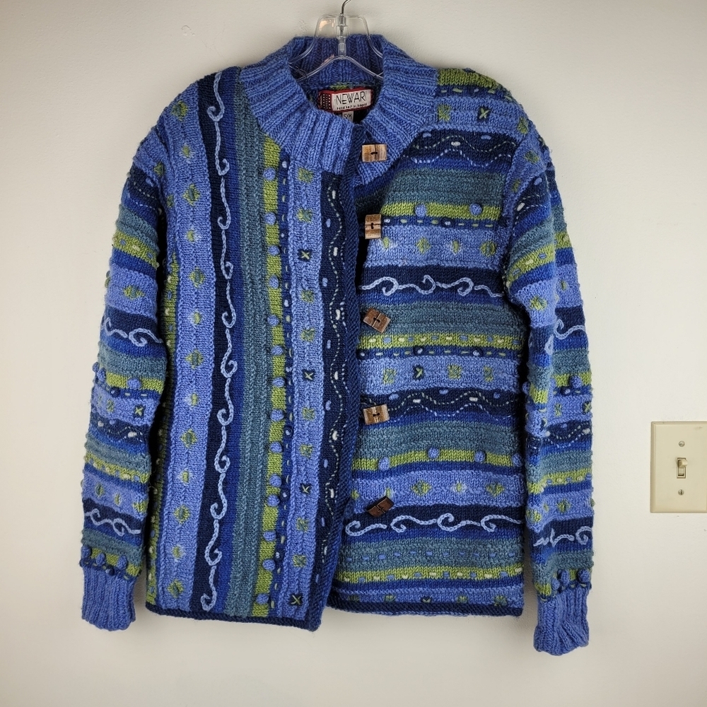 Newari hand knit wool blue cardigan buttons Icelandic Design cozy artsy NWT S/M - Picture 4 of 12
